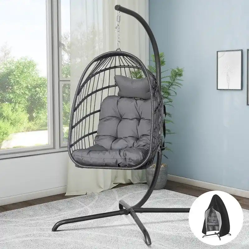 Sillón Colgante Huevo con Soporte – Columpio de Mimbre para Interiores y Exteriores