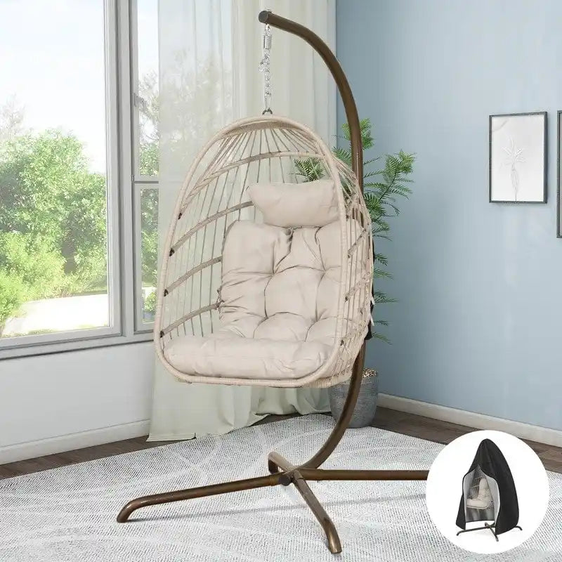Sillón Colgante Huevo con Soporte – Columpio de Mimbre para Interiores y Exteriores