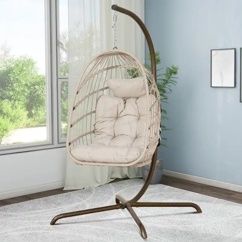 Sillón Colgante Huevo con Soporte – Columpio de Mimbre para Interiores y Exteriores