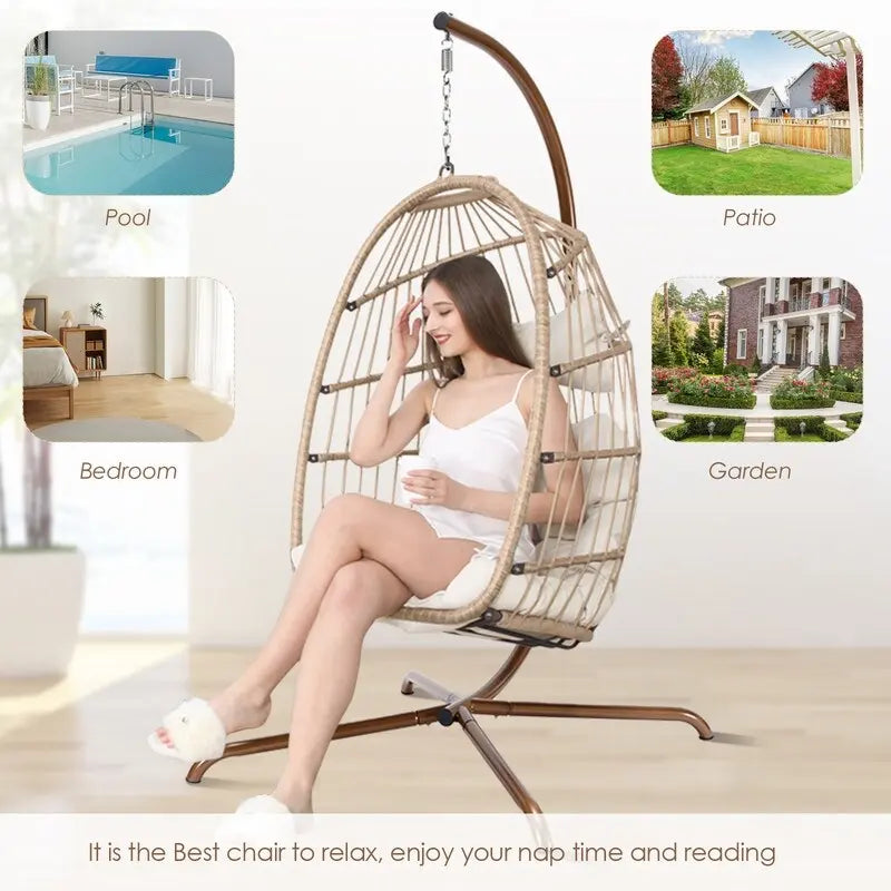 Sillón Colgante Huevo con Soporte – Columpio de Mimbre para Interiores y Exteriores