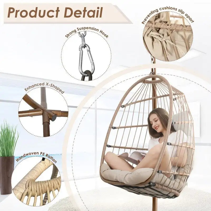 Sillón Colgante Huevo con Soporte – Columpio de Mimbre para Interiores y Exteriores