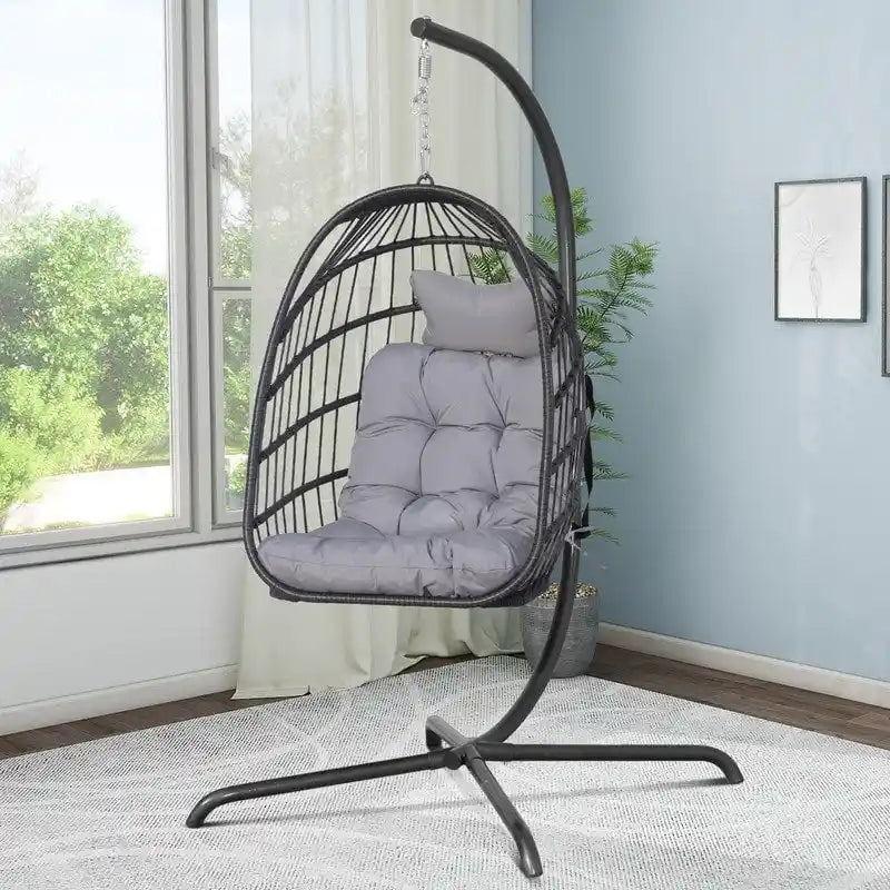 Sillón Colgante Huevo con Soporte – Columpio de Mimbre para Interiores y Exteriores