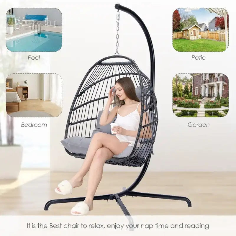 Sillón Colgante Huevo con Soporte – Columpio de Mimbre para Interiores y Exteriores
