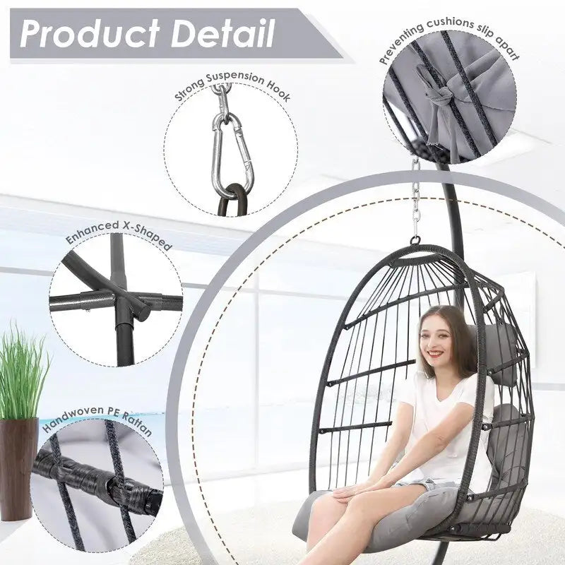 Sillón Colgante Huevo con Soporte – Columpio de Mimbre para Interiores y Exteriores