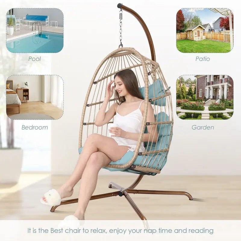 Sillón Colgante Huevo con Soporte – Columpio de Mimbre para Interiores y Exteriores