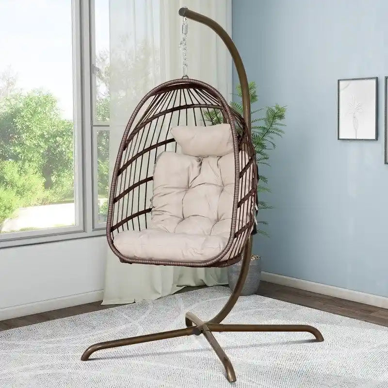 Sillón Colgante Huevo con Soporte – Columpio de Mimbre para Interiores y Exteriores