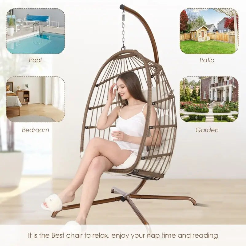 Sillón Colgante Huevo con Soporte – Columpio de Mimbre para Interiores y Exteriores