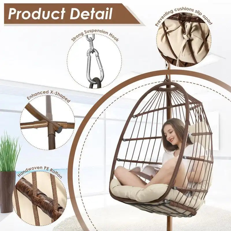 Sillón Colgante Huevo con Soporte – Columpio de Mimbre para Interiores y Exteriores