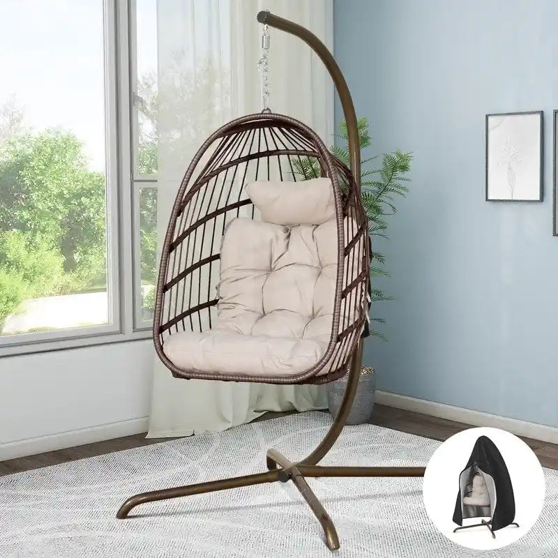 Sillón Colgante Huevo con Soporte – Columpio de Mimbre para Interiores y Exteriores
