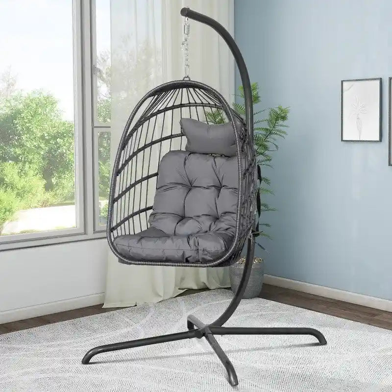 Sillón Colgante Huevo con Soporte – Columpio de Mimbre para Interiores y Exteriores