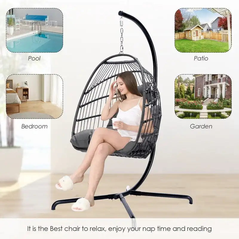 Sillón Colgante Huevo con Soporte – Columpio de Mimbre para Interiores y Exteriores