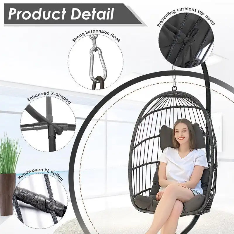 Sillón Colgante Huevo con Soporte – Columpio de Mimbre para Interiores y Exteriores