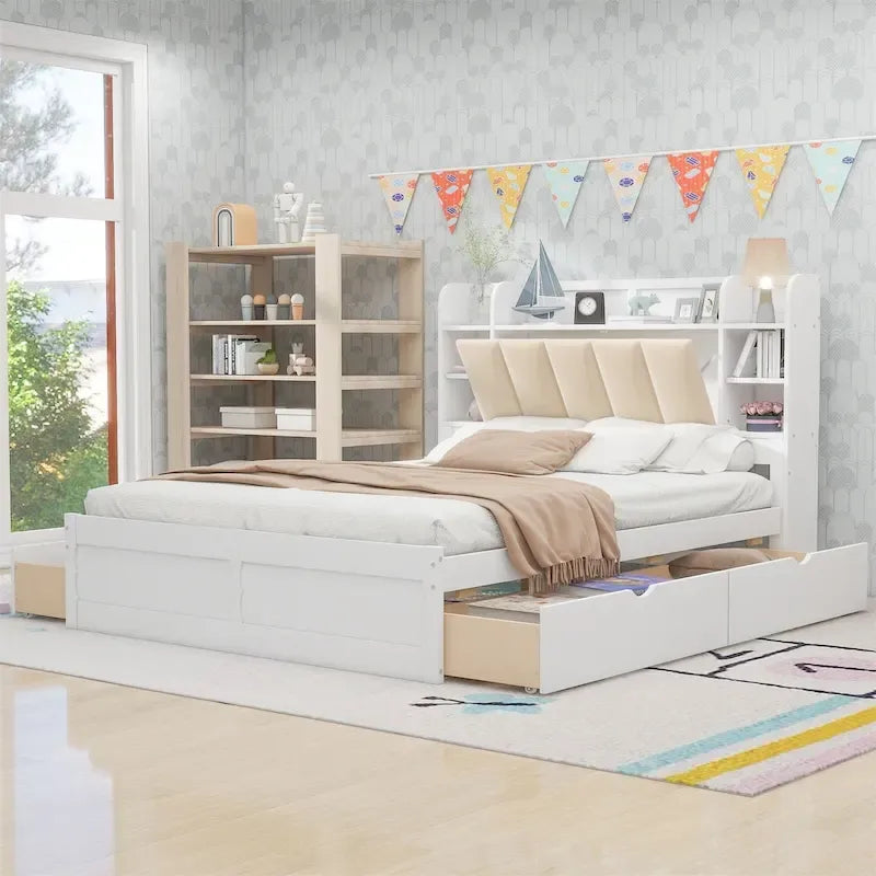 Cama de plataforma tamaño Queen con cabecero de almacenamiento y cajones