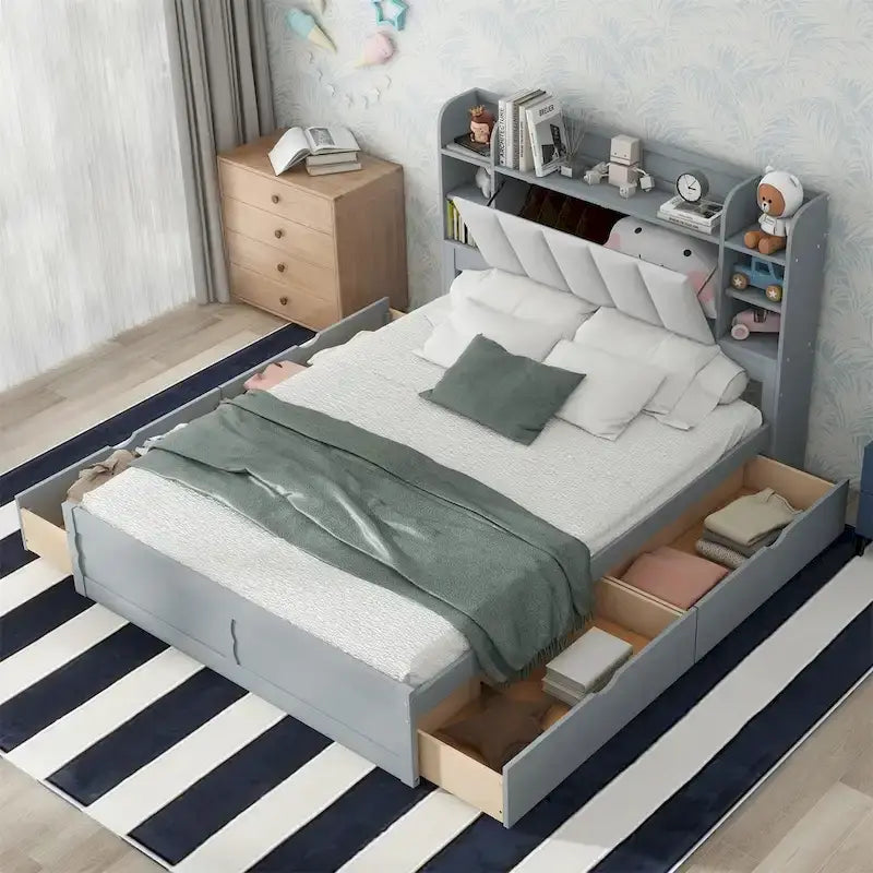 Cama de plataforma tamaño Queen con cabecero de almacenamiento y cajones
