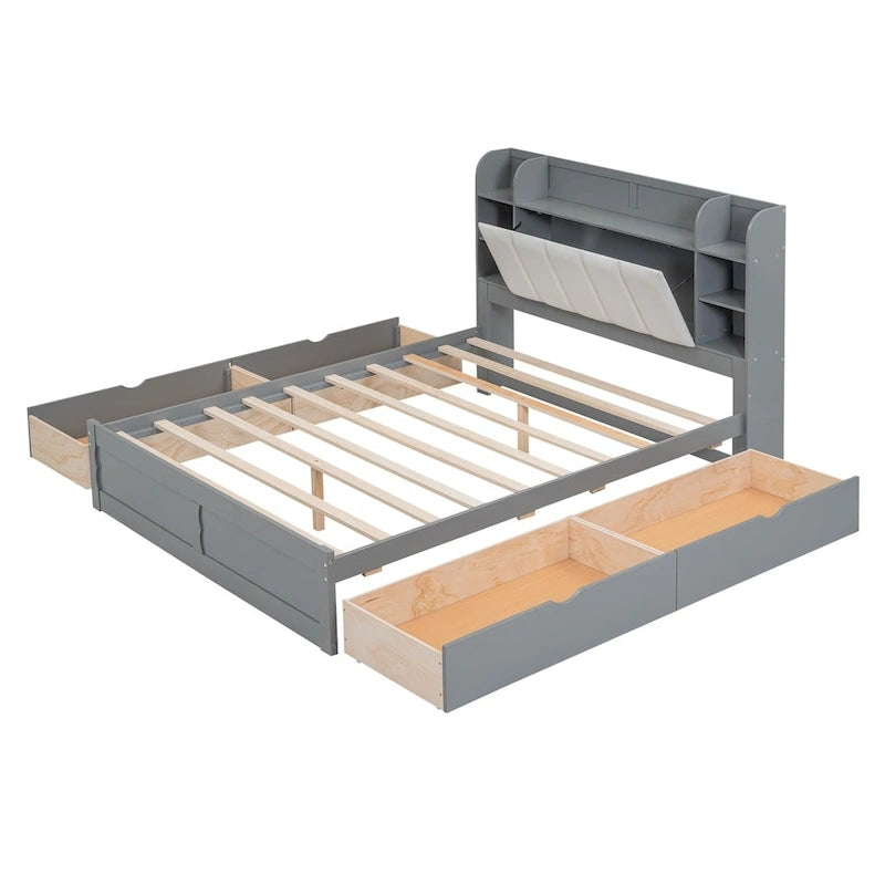 Cama de plataforma tamaño Queen con cabecero de almacenamiento y cajones