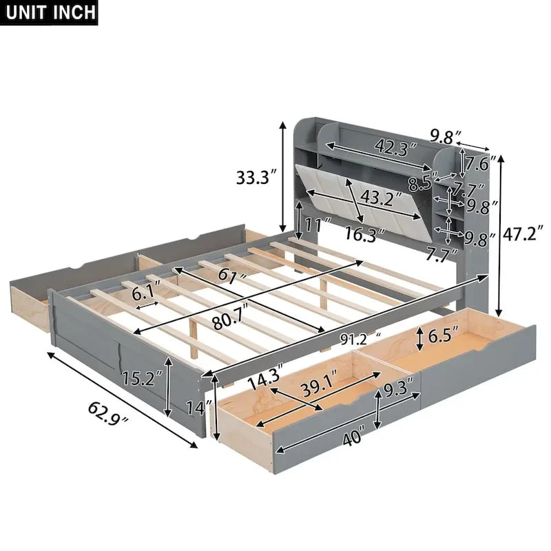 Cama de plataforma tamaño Queen con cabecero de almacenamiento y cajones