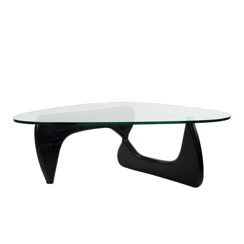 Mesa de centro con tablero de cristal templado triangular y base de madera maciza