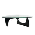 Mesa de centro con tablero de cristal templado triangular y base de madera maciza