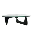 Mesa de centro con tablero de cristal templado triangular y base de madera maciza