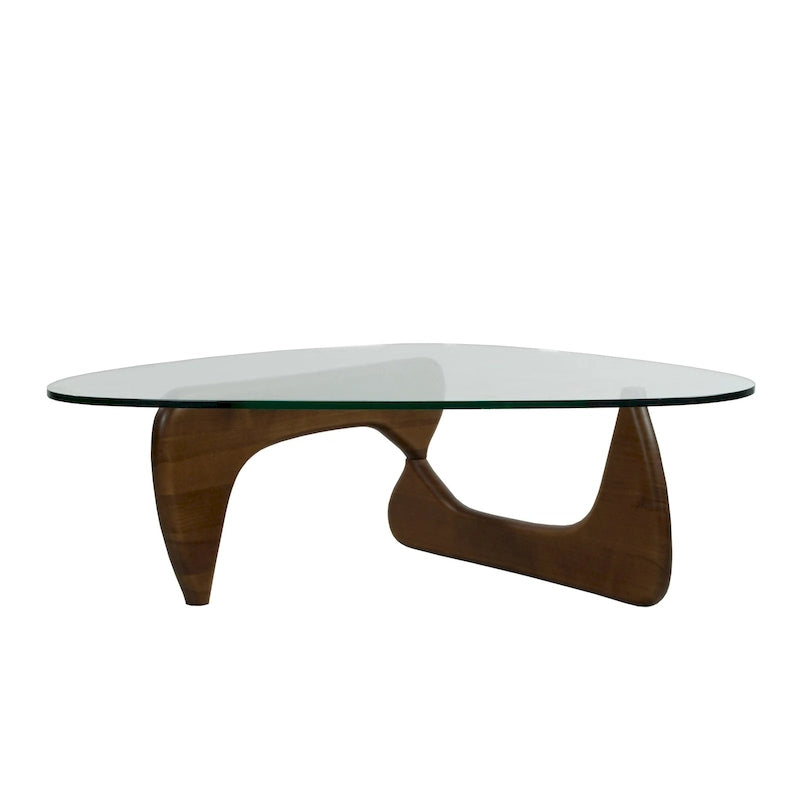 Mesa de centro con tablero de cristal templado triangular y base de madera maciza