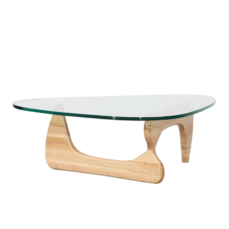 Mesa de centro con tablero de cristal templado triangular y base de madera maciza