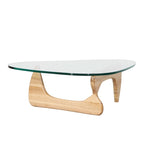 Mesa de centro con tablero de cristal templado triangular y base de madera maciza