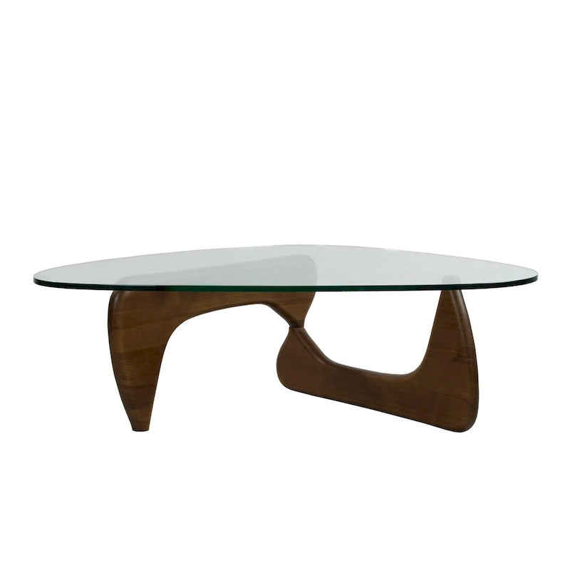 Mesa de centro con tablero de cristal templado triangular y base de madera maciza
