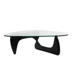 Mesa de centro con tablero de cristal templado triangular y base de madera maciza