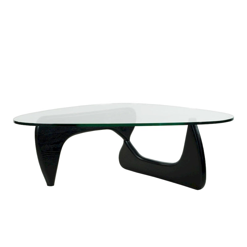 Mesa de centro con tablero de cristal templado triangular y base de madera maciza