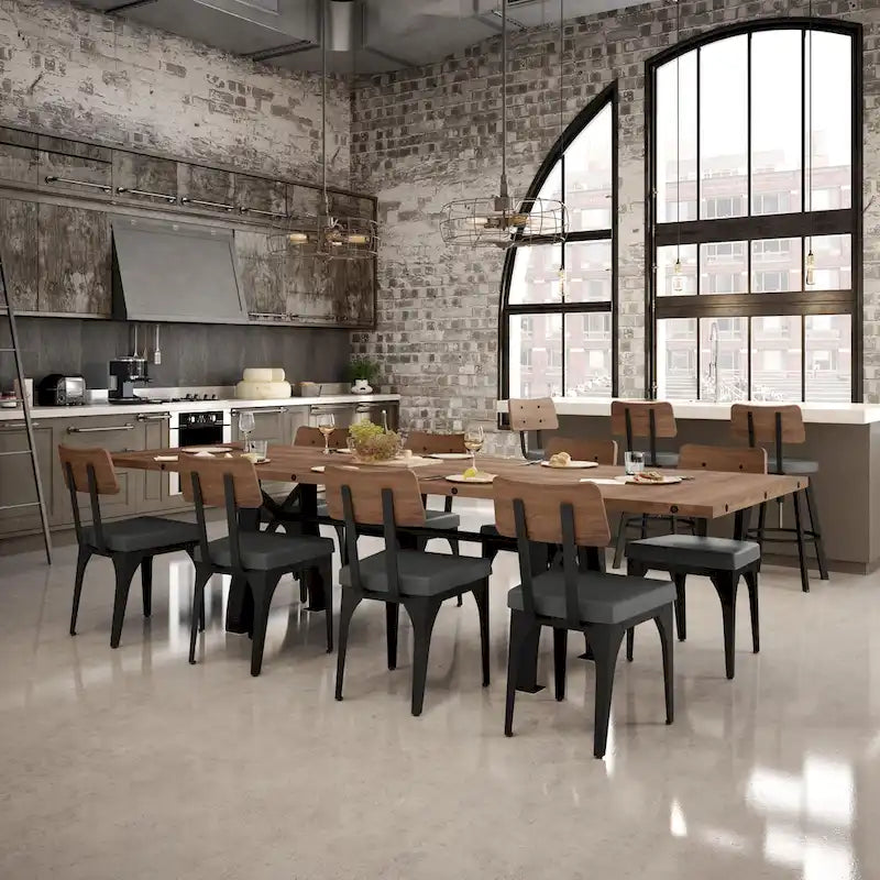 Mesa de comedor extensible de madera maciza con base de metal