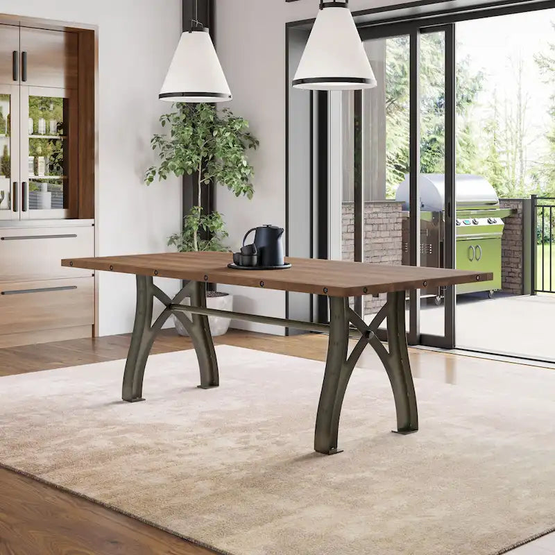 Mesa de comedor extensible de madera maciza con base de metal