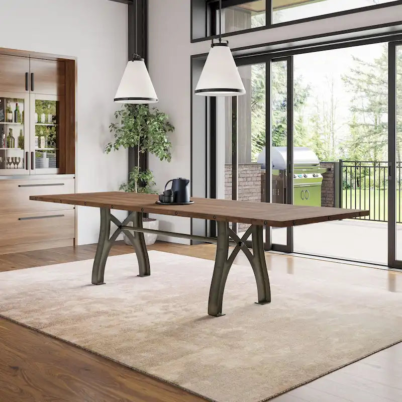 Mesa de comedor extensible de madera maciza con base de metal