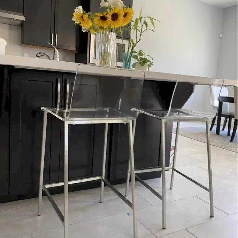 Taburete de barra moderno de acrílico transparente con patas de metal