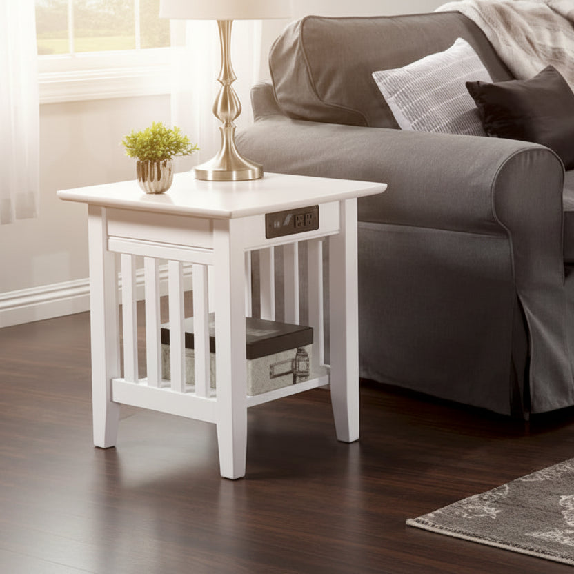 Mission End Table with Charging Station in White