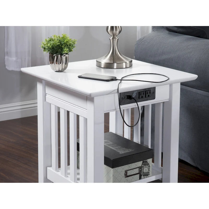Mesa auxiliar con estación de carga en blanco