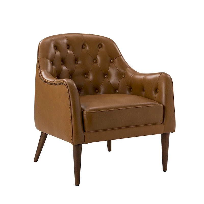 Sillón barril con respaldo capitoné y patas de madera