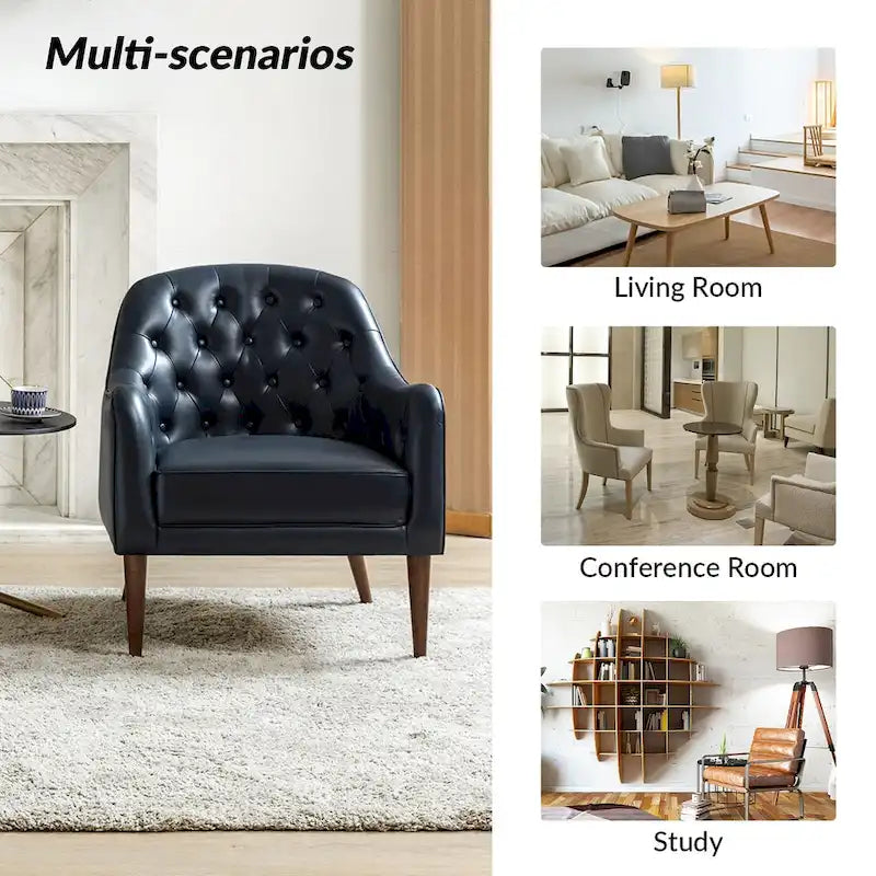 Sillón barril con respaldo capitoné y patas de madera