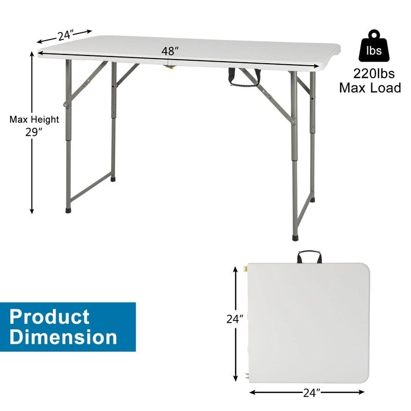 Mesa plegable de plástico de 4 pies de altura ajustable que se dobla por la mitad - Blanca
