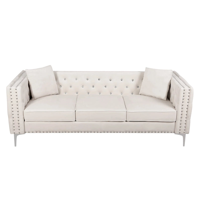 Sofá Chesterfield de terciopelo de 82" con brazos cuadrados capitonados y 2 cojines decorativos