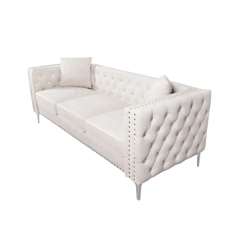 Sofá Chesterfield de terciopelo de 82" con brazos cuadrados capitonados y 2 cojines decorativos