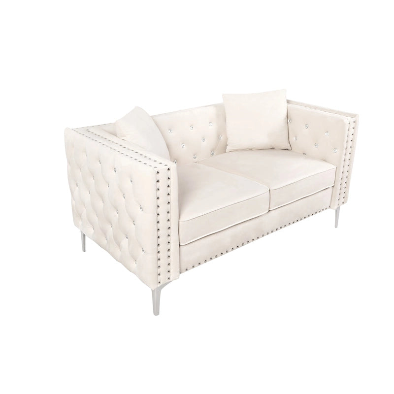Sofá Chesterfield de terciopelo de 82" con brazos cuadrados capitonados y 2 cojines decorativos