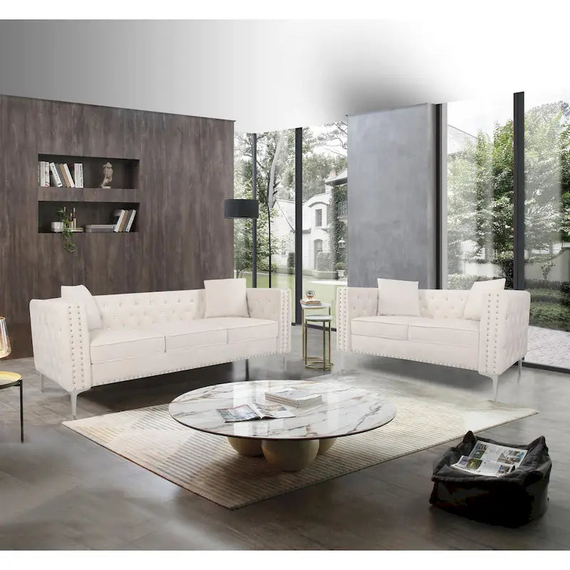 Sofá Chesterfield de terciopelo de 82" con brazos cuadrados capitonados y 2 cojines decorativos