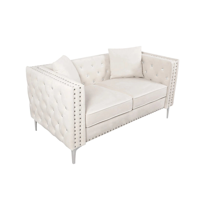 Sofá Chesterfield de terciopelo de 82" con brazos cuadrados capitonados y 2 cojines decorativos