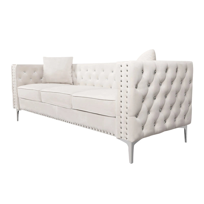 Sofá Chesterfield de terciopelo de 82" con brazos cuadrados capitonados y 2 cojines decorativos