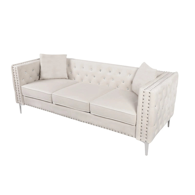 Sofá Chesterfield de terciopelo de 82" con brazos cuadrados capitonados y 2 cojines decorativos