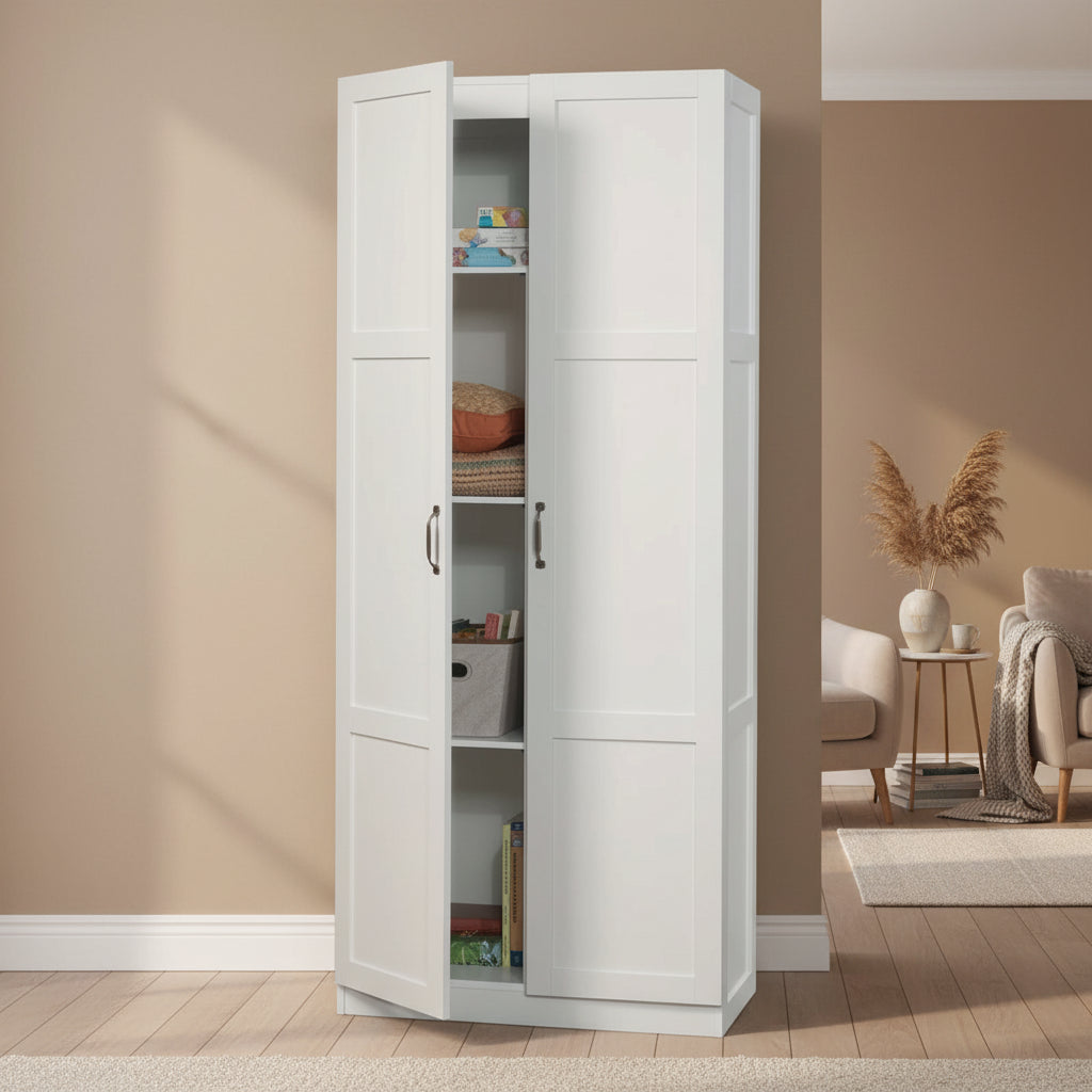 White Wardrobe Storage Cabinet with 4 Shelves and Panel Doors - 16D x 30W x 71H