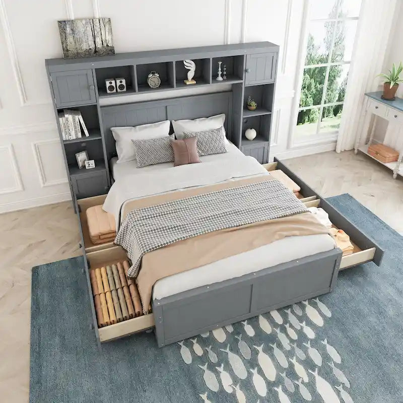 Base de cama con almacenamiento tamaño matrimonial con estantes en la cabecera y cajones