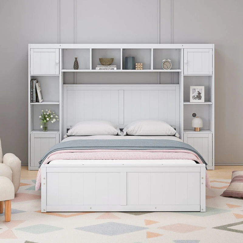 Base de cama con almacenamiento tamaño matrimonial con estantes en la cabecera y cajones