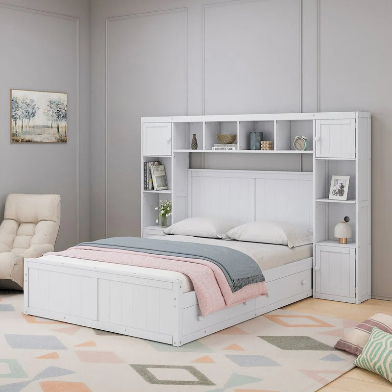 Base de cama con almacenamiento tamaño matrimonial con estantes en la cabecera y cajones