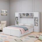 Base de cama con almacenamiento tamaño matrimonial con estantes en la cabecera y cajones